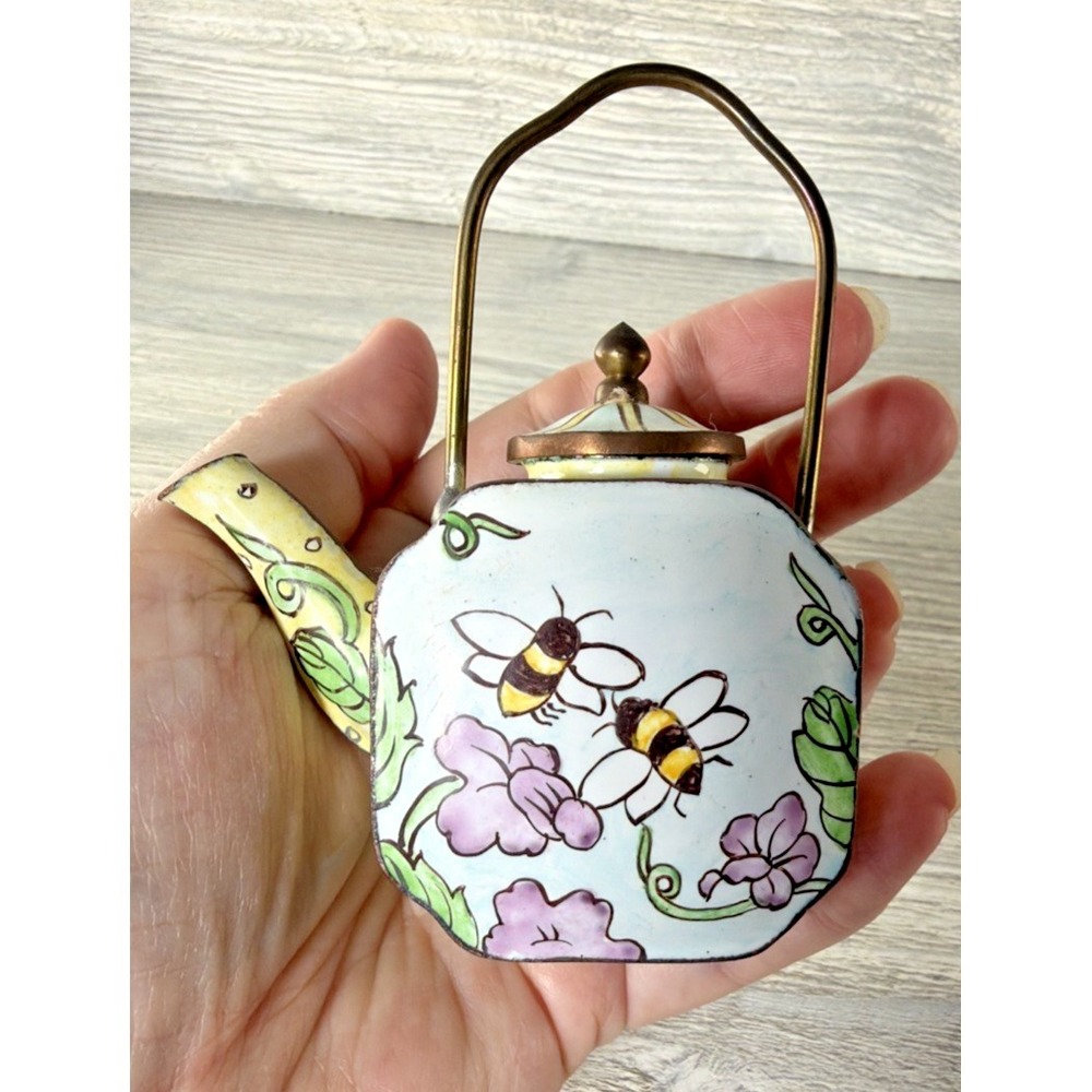 Kelvin Chen Miniature Hand Painted Enamel Copper Teapot Bees Floral Vtg 90's